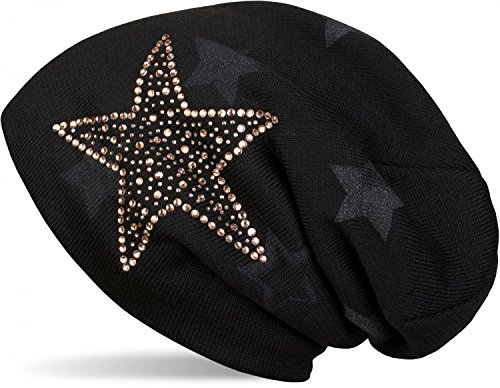 styleBREAKER warme Feinstrick Beanie Mütze mit All Over Stern Muster, Strass Stern und sehr weichem Fleece Innenfutter, Unisex 04024084, Farbe:Schwarz von styleBREAKER