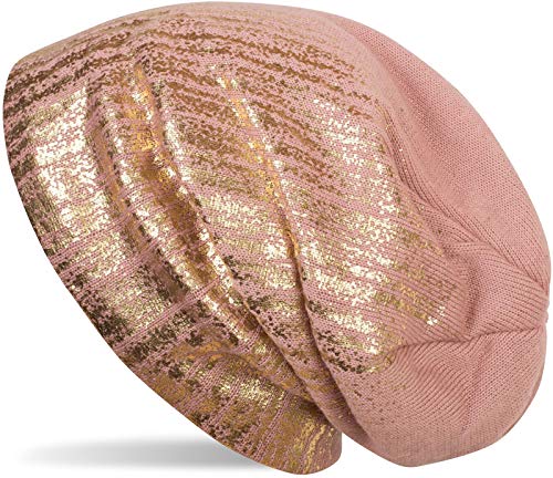 styleBREAKER warme Feinstrick Beanie Mütze mit Metallic Print und Fleece Innenfutter, Slouch Longbeanie, Unisex 04024132, Farbe:Altrose/Gold von styleBREAKER