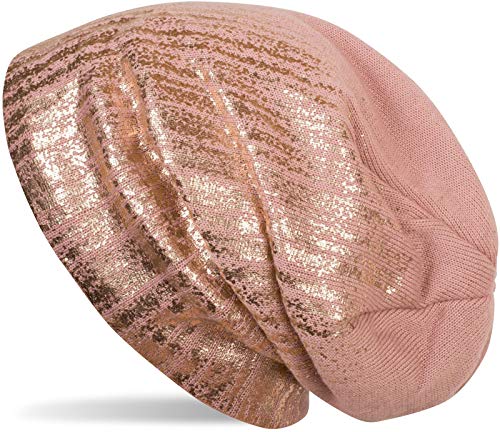 styleBREAKER warme Feinstrick Beanie Mütze mit Metallic Print und Fleece Innenfutter, Slouch Longbeanie, Unisex 04024132, Farbe:Altrose/Rosegold von styleBREAKER