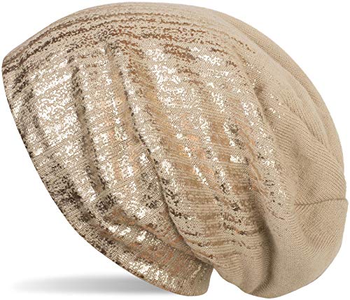 styleBREAKER warme Feinstrick Beanie Mütze mit Metallic Print und Fleece Innenfutter, Slouch Longbeanie, Unisex 04024132, Farbe:Beige/Rosegold von styleBREAKER