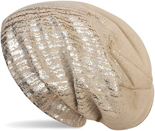 styleBREAKER warme Feinstrick Beanie Mütze mit Metallic Print und Fleece Innenfutter, Slouch Longbeanie, Unisex 04024132, Farbe:Beige/Silber von styleBREAKER
