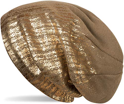 styleBREAKER warme Feinstrick Beanie Mütze mit Metallic Print und Fleece Innenfutter, Slouch Longbeanie, Unisex 04024132, Farbe:Braun/Gold von styleBREAKER