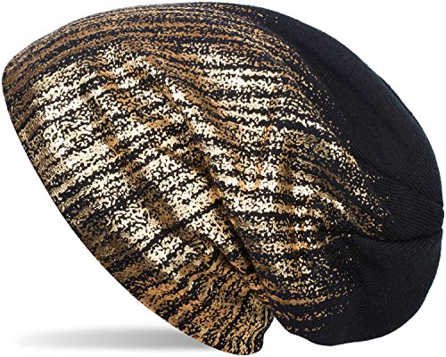 styleBREAKER warme Feinstrick Beanie Mütze mit Metallic Print und Fleece Innenfutter, Slouch Longbeanie, Unisex 04024132, Farbe:Dunkelblau/Gold von styleBREAKER