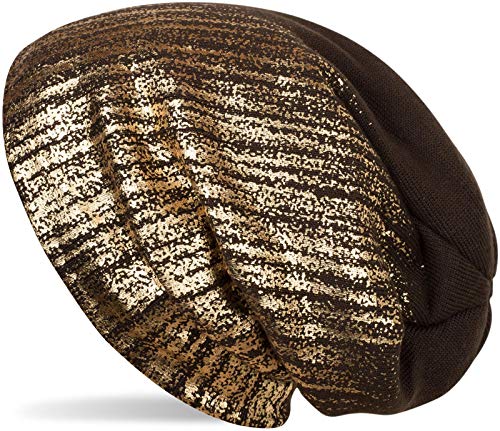 styleBREAKER warme Feinstrick Beanie Mütze mit Metallic Print und Fleece Innenfutter, Slouch Longbeanie, Unisex 04024132, Farbe:Dunkelbraun/Gold von styleBREAKER