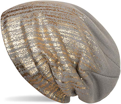 styleBREAKER warme Feinstrick Beanie Mütze mit Metallic Print und Fleece Innenfutter, Slouch Longbeanie, Unisex 04024132, Farbe:Hellgrau/Gold von styleBREAKER