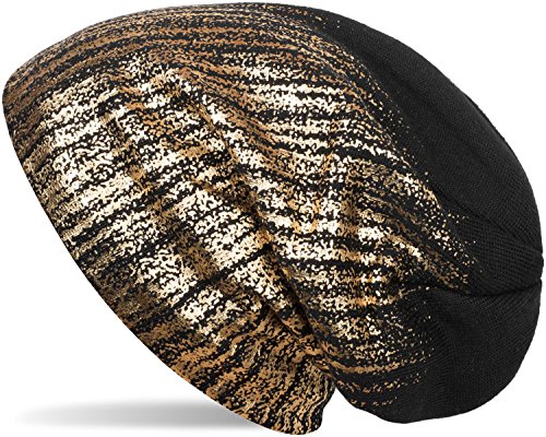 styleBREAKER warme Feinstrick Beanie Mütze mit Metallic Print und Fleece Innenfutter, Slouch Longbeanie, Unisex 04024132, Farbe:Schwarz/Gold von styleBREAKER