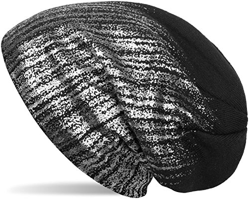 styleBREAKER warme Feinstrick Beanie Mütze mit Metallic Print und Fleece Innenfutter, Slouch Longbeanie, Unisex 04024132, Farbe:Schwarz/Silber von styleBREAKER