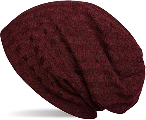 styleBREAKER warme Feinstrick Beanie Mütze mit Streifen Strick Muster und sehr weichem Fleece Innenfutter, Slouch Longbeanie, Unisex 04024108, Farbe:Bordeaux-Rot meliert von styleBREAKER