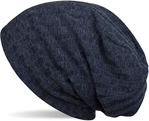 styleBREAKER warme Feinstrick Beanie Mütze mit Streifen Strick Muster und sehr weichem Fleece Innenfutter, Slouch Longbeanie, Unisex 04024108, Farbe:Dunkelblau meliert von styleBREAKER