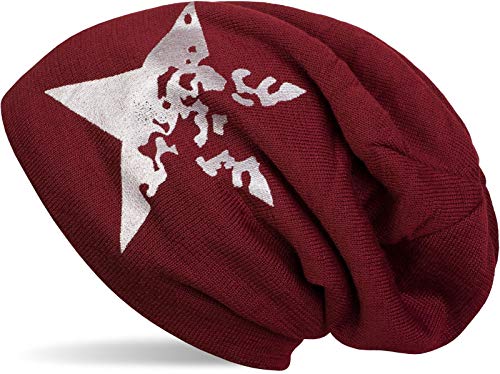 styleBREAKER warme Feinstrick Beanie Mütze mit Vintage Stern Print und sehr weichem Innenfutter, Slouch Longbeanie, Unisex 04024088, Farbe:Bordeaux-Rot von styleBREAKER