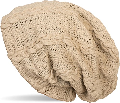 styleBREAKER warme Feinstrick Beanie Mütze mit Zopfmuster und Fleece Innenfutter, Slouch Longbeanie, Unisex 04024131, Farbe:Beige von styleBREAKER