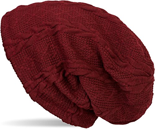 styleBREAKER warme Feinstrick Beanie Mütze mit Zopfmuster und Fleece Innenfutter, Slouch Longbeanie, Unisex 04024131, Farbe:Bordeaux-Rot von styleBREAKER