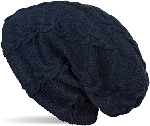 styleBREAKER warme Feinstrick Beanie Mütze mit Zopfmuster und Fleece Innenfutter, Slouch Longbeanie, Unisex 04024131, Farbe:Dunkelblau von styleBREAKER