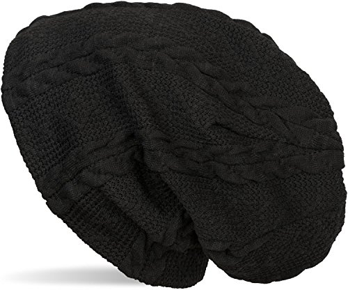 styleBREAKER warme Feinstrick Beanie Mütze mit Zopfmuster und Fleece Innenfutter, Slouch Longbeanie, Unisex 04024131, Farbe:Schwarz von styleBREAKER