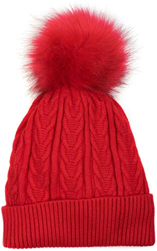 styleBREAKER Damen Feinstrick Bommelmütze mit Zopfmuster, Kunstfell Bommel Mütze, gefütterte Winter Strickmütze 04024100, Farbe:Rot von styleBREAKER