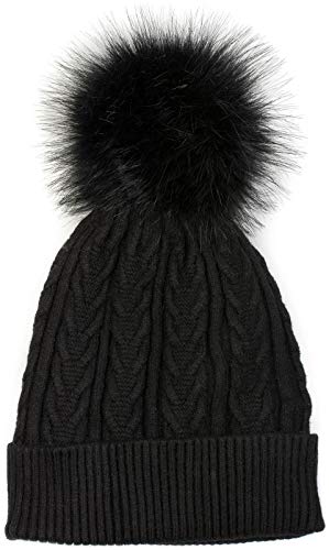 styleBREAKER Damen Feinstrick Bommelmütze mit Zopfmuster, Kunstfell Bommel Mütze, gefütterte Winter Strickmütze 04024100, Farbe:Schwarz von styleBREAKER