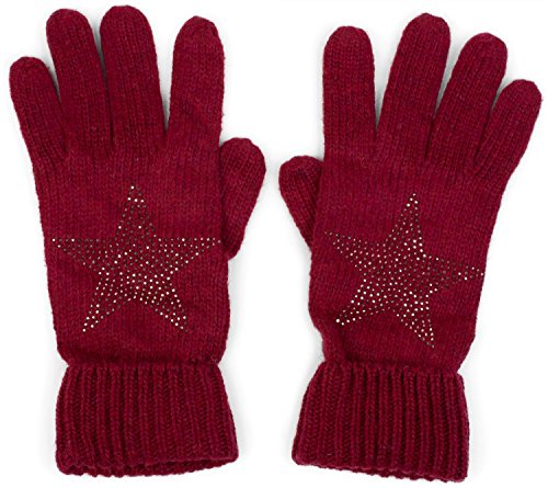styleBREAKER Damen Handschuhe mit Strass Nieten Stern Applikation und doppeltem Bund, warme Strickhandschuhe 09010008, Farbe:Bordeaux-Rot von styleBREAKER