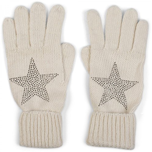 styleBREAKER Damen Handschuhe mit Strass Nieten Stern Applikation und doppeltem Bund, warme Strickhandschuhe 09010008, Farbe:Creme-Weiß von styleBREAKER