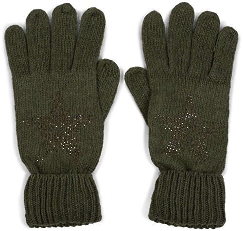 styleBREAKER Damen Handschuhe mit Strass Nieten Stern Applikation und doppeltem Bund, warme Strickhandschuhe 09010008, Farbe:Oliv von styleBREAKER