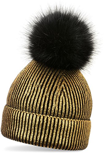 styleBREAKER warme Metallic Strick Bommelmütze mit abnehmbarem Kunstfell Bommel, Winter Fellbommel Mütze, Damen 04024138, Farbe:Schwarz/Gold von styleBREAKER