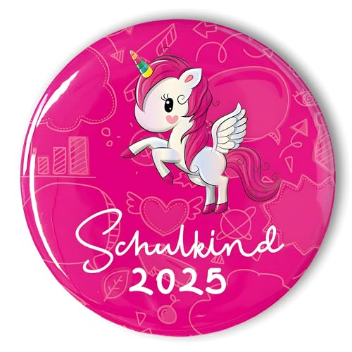 stylebutton® Button Anstecker Schulkinder Geschenk zur Schuleinführung 2025 | Einschulung 56 mm (#1 Einhorn pink) von stylebutton design your own