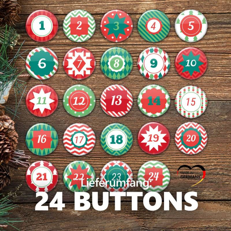 Grün Rot Weiß Adventskalender Zahlen Button Set Mit Anstecknadeln Für Jutesäckchen, Socken Oder Beutel Xmas2 von stylebutton