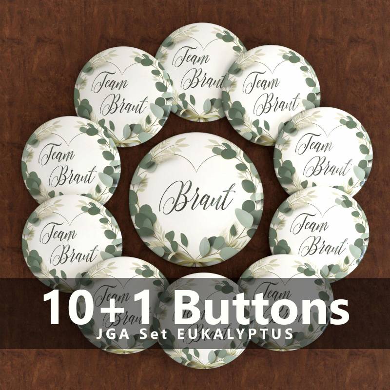 Jga Button Set Eukalyptus - Braut & Team Buttons | Junggesellinnenabschied Anstecker Florale Deko 1x + 10x von stylebutton