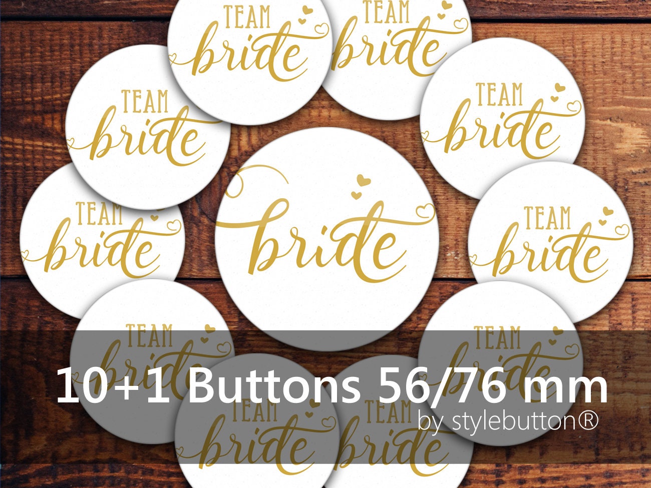 Jga Button Set Team Bride/10 + 1 Pcs. White Goldenyellow 56 Mm 76 Diameter For Hen Party Night, Bridal Shower, Do #27 von stylebutton