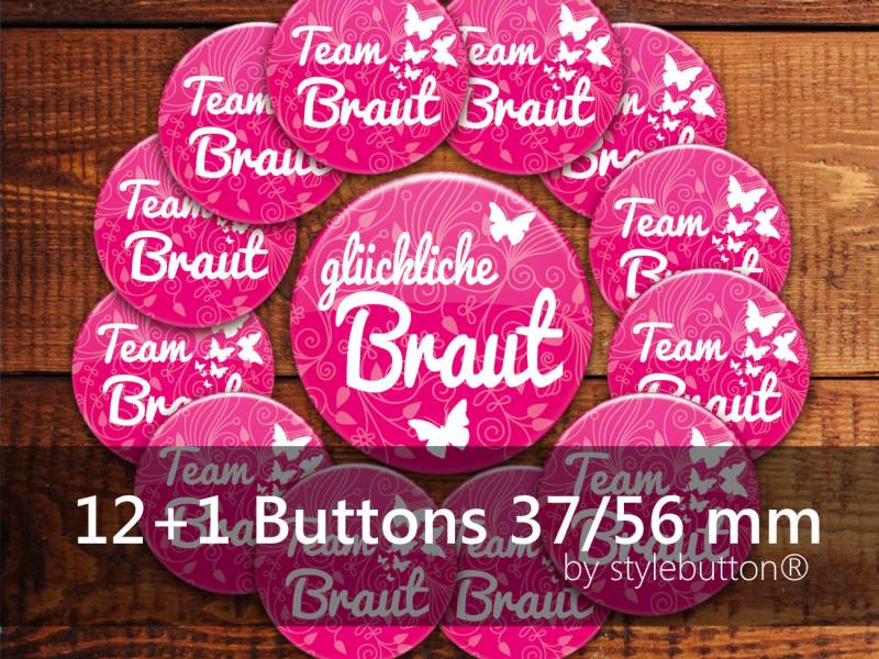 Junggesellinnenabschied 12 + 1 Buttons Team Braut Bzw. Glückliche 37 Mm 56 in Pink Mit Weißen Schmetterlingen Für Jga von stylebutton