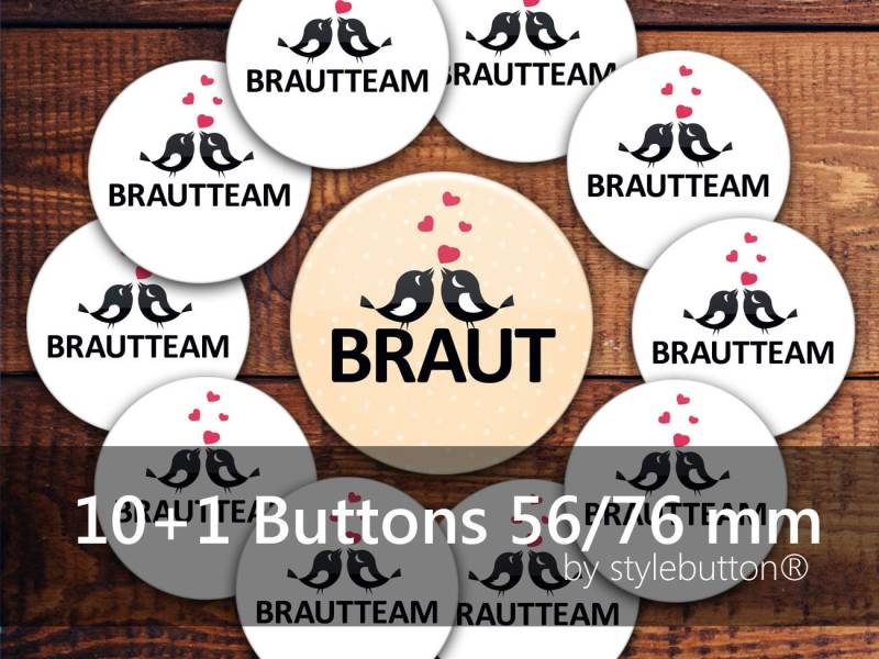 Set Jga Buttons #4 Anstecker "Braut(Team" Herz von stylebutton