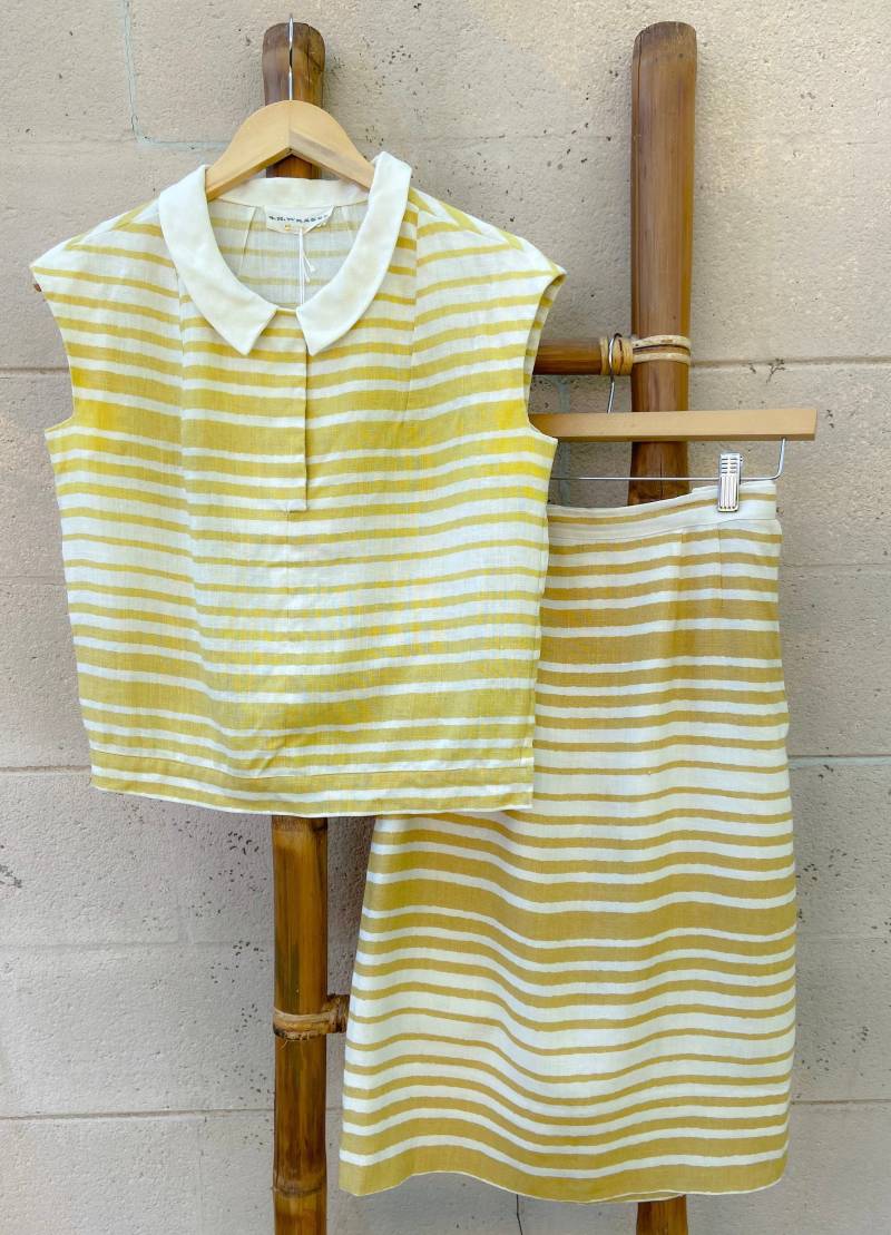 1960S Chartruese + Weiß Gestreiftes Leinen Crop Top Und Bleistiftrock Set von stylegirl