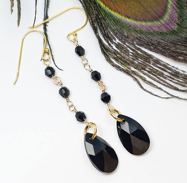 Jet Schwarze Swarovski Kristall 925 Sterling Silber Tropfen Ohrringe, Geschenk Für Sie von styleinshop