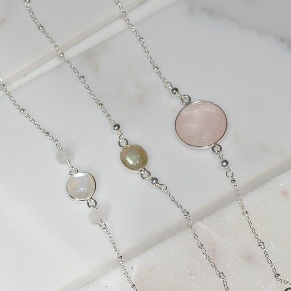 Zartes Minimal Armband, Geburtsstein, Edelstein Labradoriet, Mondstein Rosenquarz 925 Sterling Silber Armband von styleinshop