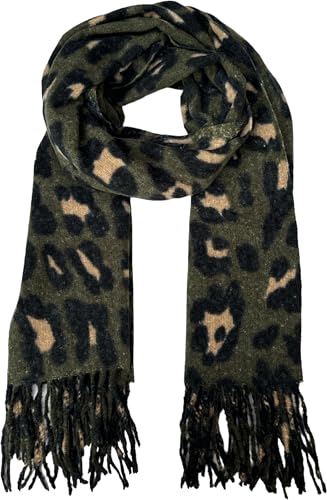 Stylx Damen Schal mit Leopard Muster und Fransen - Modischer und Eleganter Langer Winter- und Herbstschal für Frauen (Khaki) von stylx