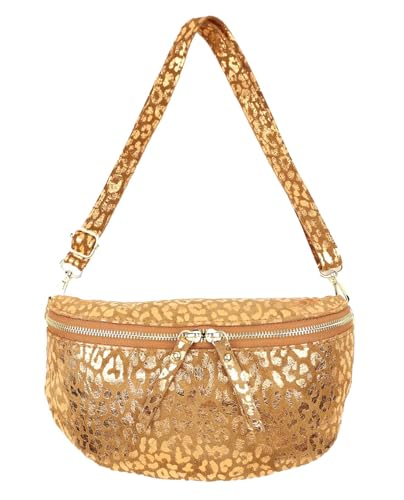 stylx Bauchtasche Damen Echtes Leder LEO Metallic Print Handgemachte Umhängetasche Crossbody Bag Hüfttasche mit Ledergurt Stylische Schultertasche Gürteltasche Made in Italy (camel/rosegold) von stylx