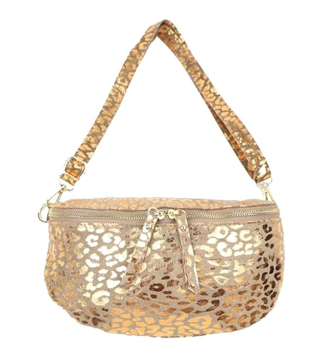 stylx Bauchtasche Damen Echtes Leder LEO Metallic Print Handgemachte Umhängetasche Crossbody Bag Hüfttasche mit Ledergurt Stylische Schultertasche Gürteltasche Made in Italy (taupe/rosegold) von stylx