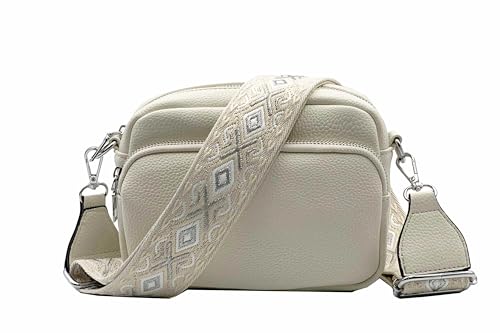 stylx Crossbody Bag Damen Leder Breiter Gurt Handtasche Umhängetasche Moderne Taschen mit breitem Schultergurt,Abnehmbarer Schultergurt,Schwarz. (beige) von stylx