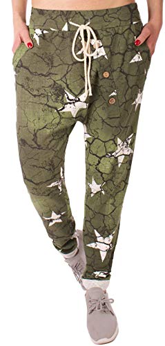 stylx Damen Jogginghose Größe 36-50 Sweatpants Sterne Boyfriend Ali Baba Style Anker Camouflage Uni Farben (Destroyed Stern Khaki, 42-44) von stylx