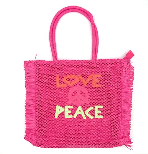 stylx Damen LOVE PEACE Papierstroh Beuteltasche mit langen Henkeln, Strandtasche, Schultertasche, Flechttasche (fuchsia) von stylx