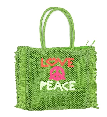 stylx Damen LOVE PEACE Papierstroh Beuteltasche mit langen Henkeln, Strandtasche, Schultertasche, Flechttasche (grün) von stylx