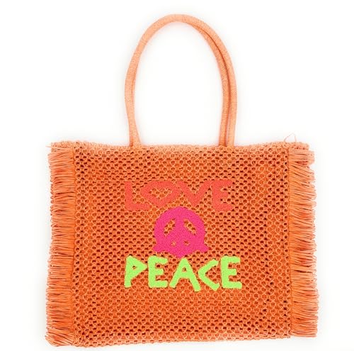 stylx Damen LOVE PEACE Papierstroh Beuteltasche mit langen Henkeln, Strandtasche, Schultertasche, Flechttasche (orange) von stylx
