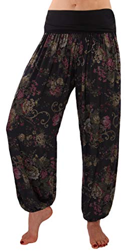 stylx Damen Sommerhose Pumphose Haremshose Größe 36/38 bis 48/50 mit Blumenmuster Flower Leichte (as3, Numeric, Numeric_36, Numeric_38, Regular, Regular, schwarz) von stylx