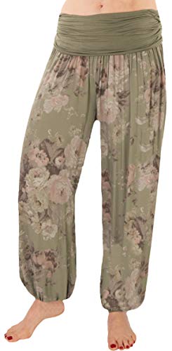 stylx Damen Sommerhose Pumphose Haremshose Größe 36/38 bis 48/50 mit Blumenmuster Rose Leichte (DE/NL/SE/PL, Numerisch, 36, 38, Regular, Regular, Rose Khaki) von stylx