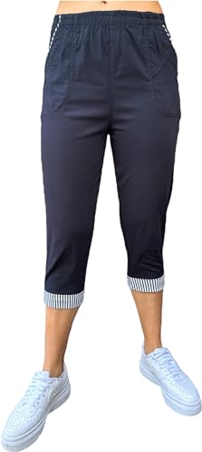 stylx Damen lässige 7/8 Sommer Schlupfhose zum Krempeln Hose Capri Jeans,Stretch, Gummizug, Knopfverzierungen,gerader Schnitt gestreift (DE/NL/SE/PL, Numerisch, 36, 38, Regular, Regular, dunkelblau) von stylx