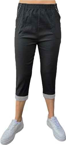 stylx Damen lässige 7/8 Sommer Schlupfhose zum Krempeln Hose Capri Jeans,Stretch, Gummizug, Knopfverzierungen,gerader Schnitt gestreift (DE/NL/SE/PL, Numerisch, 48, 50, Regular, Regular, schwarz) von stylx