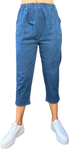stylx Damen lässige 7/8 Sommer Schlupfhose zum Krempeln Hose Capri Jeans,Stretch, Gummizug, Knopfverzierungen,gerader Schnitt gestreift (DE/NL/SE/PL, Numerisch, 52, 54, Regular, Regular, Jeans hell) von stylx