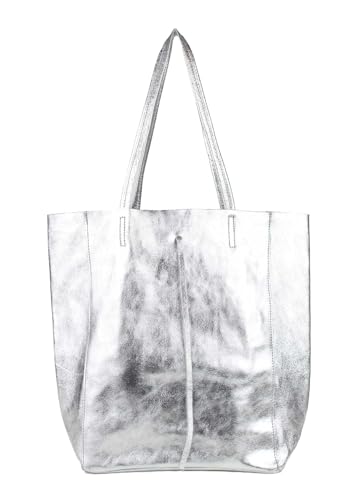 stylx Made in Italy Damen Leder Tasche XXL DIN-A4 Shopper Tote Hobo Bag Henkeltasche Handtasche Umhängetasche Ledertasche Schultertasche Large mit Innentasche aus Leder (metallic silber) von stylx
