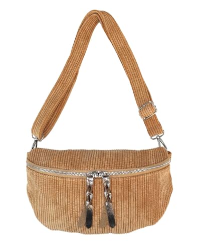 stylx Umhängetasche Cord Tasche Handtasche weiche Bauchtasche Klein mit Schultergurt Design Taschenband abnehmbar verstellbares Riemen Crossbody Bag Hüfttasche Damen mit Reißverschluss (camel) von stylx