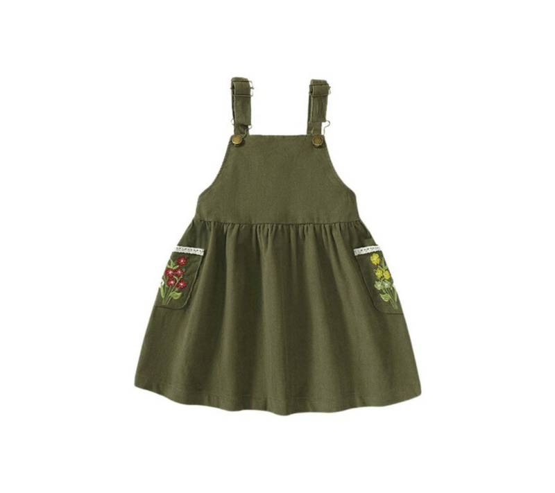 suebidou Latzkleid Mädchen Midikleid Feincord mit Trägern Stickerei grün mit Spitzenapplikation und Stickerei auf den Taschen von suebidou