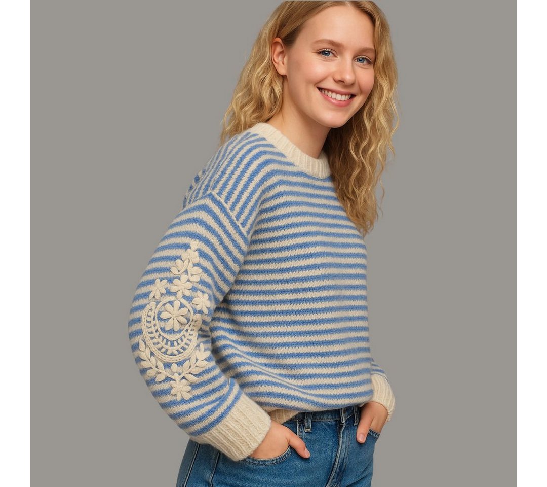 suebidou Rundhalspullover Gestreifter blauer und naturweißer Damen Pullover mit Stickereien nachhaltig, kreativ von suebidou